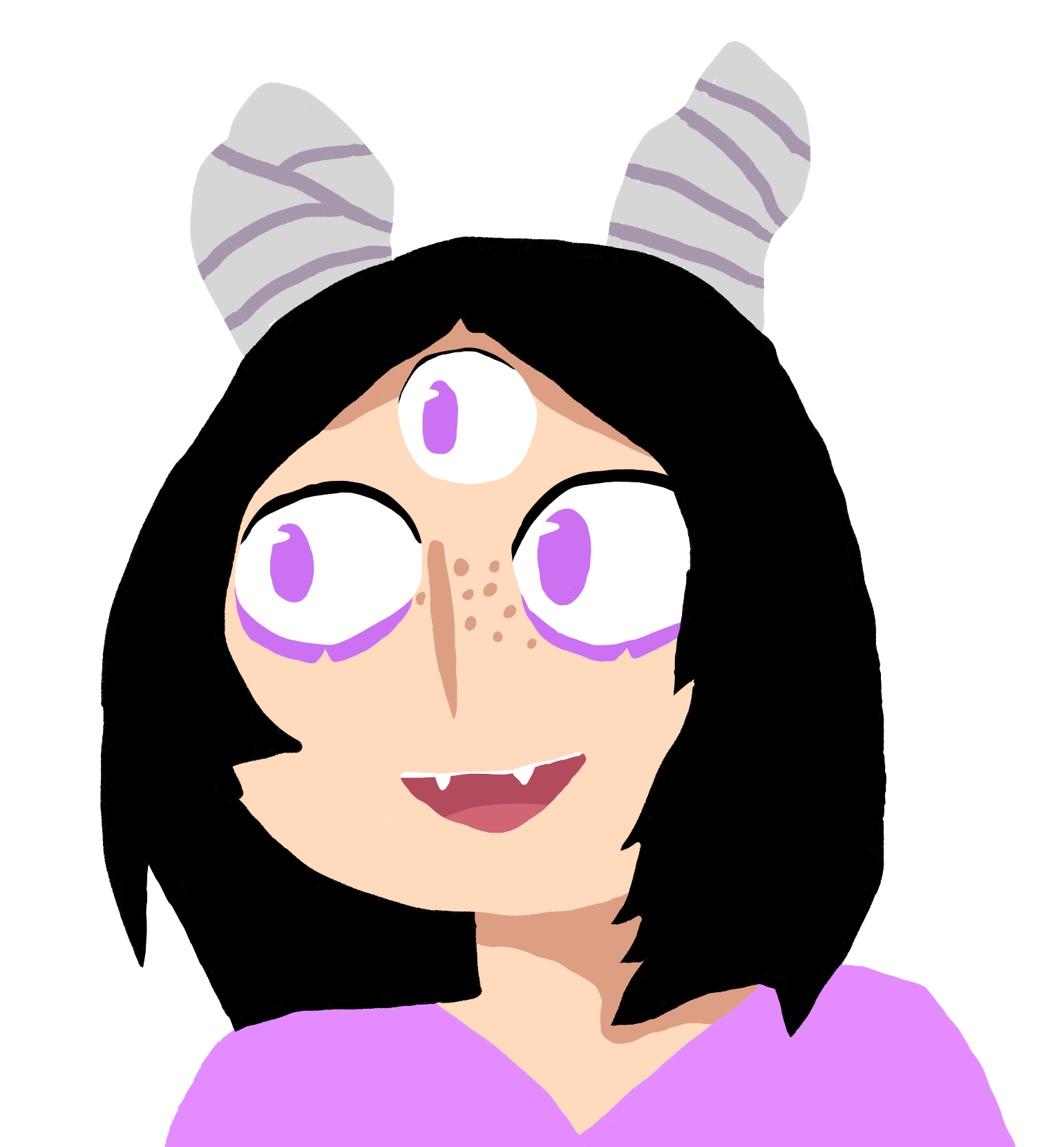 its Enae from the webcomic Goodbye to Halos. she has three purple eyes, with a cool purple mark under two of them. she has horns, and shes smiling. she has two visible sharp teeth.